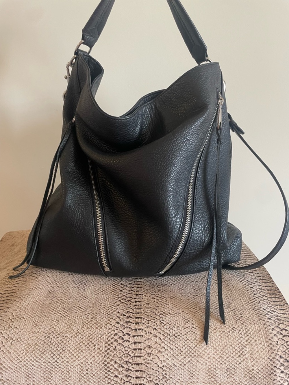 Rebecca Minkoff Black Pebbled Leather Shoulder Bag with Zip Details